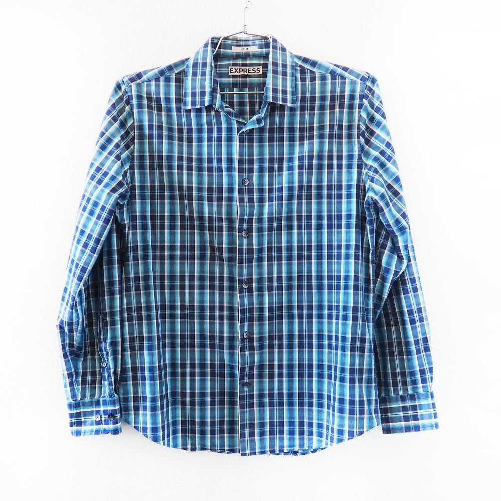 Express 100% Cotton Fitted Mens Dress Shirt Blue